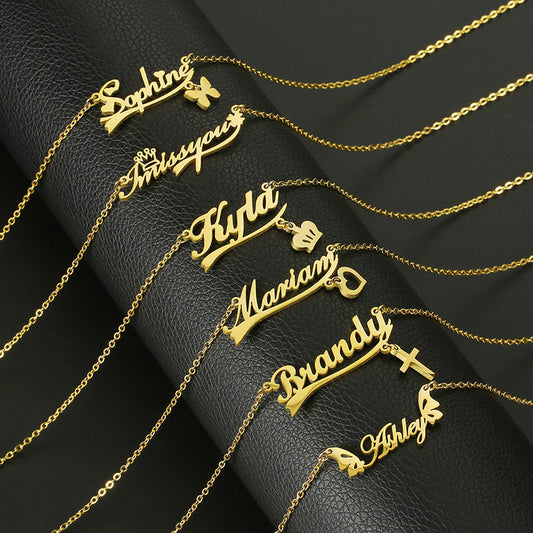 Collier personnalisé en acier inoxydable avec prénom et symbole au choix (papillon, cœur, etc.) – Plaque nominative